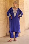 Buy_Vinita Bhansali_Blue Silk Embroidery V-neck Aavya Designer Kaftan Set _at_Aza_Fashions