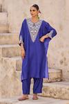 Buy_Vinita Bhansali_Blue Silk Embroidery Round Neck Samara Kaftan Set _at_Aza_Fashions