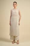 Buy_Divyam Mehta_Cream Chiffon Round Neck Straight Kurta Set _Online_at_Aza_Fashions