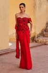 Buy_Label Moni K_Red Satin, Chiffon Sequins, Beads Off-shoulder Pre-draped Saree And Blouse Set _at_Aza_Fashions