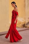 Label Moni K_Red Satin, Chiffon Sequins, Beads Off-shoulder Pre-draped Saree And Blouse Set _Online_at_Aza_Fashions