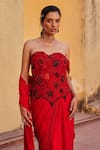 Buy_Label Moni K_Red Satin, Chiffon Sequins, Beads Off-shoulder Pre-draped Saree And Blouse Set _Online_at_Aza_Fashions