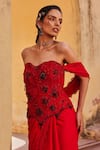 Shop_Label Moni K_Red Satin, Chiffon Sequins, Beads Off-shoulder Pre-draped Saree And Blouse Set _Online_at_Aza_Fashions
