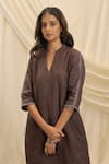 Akashi Clothing_Brown Linen Embroidery V-neck Midi Dress _Online_at_Aza_Fashions