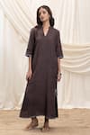 Buy_Akashi Clothing_Brown Linen Embroidery V-neck Midi Dress _at_Aza_Fashions