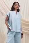 Akashi Clothing_Blue Linen Embroidery V-neck Powder Top And Pant Set _Online_at_Aza_Fashions
