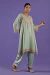 LABEL RADINI_Blue Chanderi Embroidery Split V-neck Pastel Kurta Set _Online_at_Aza_Fashions