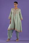 Shop_LABEL RADINI_Blue Chanderi Embroidery Split V-neck Pastel Kurta Set _Online_at_Aza_Fashions