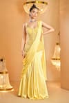 Buy_K&A By Karishma and Ashita_Yellow Net, Satin Sequins Scoop Neck Pre-draped Saree Set _at_Aza_Fashions
