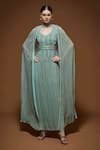 NIRRAAMYAA_Aqua Viscose, Georgette Rhinestones V-neck Blue Embellished Gown _at_Aza_Fashions