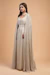 NIRRAAMYAA_Ivory Viscose, Georgette Rhinestones V-neck Embellished Gown Set _Online_at_Aza_Fashions