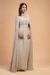 NIRRAAMYAA_Ivory Viscose, Georgette Rhinestones V-neck Embellished Gown Set _at_Aza_Fashions