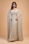 Buy_NIRRAAMYAA_Ivory Viscose, Georgette Rhinestones V-neck Embellished Gown Set _at_Aza_Fashions