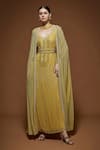 Shop_NIRRAAMYAA_Yellow Viscose, Georgette Rhinestones V-neck Lemon Embellished Gown Set _Online_at_Aza_Fashions