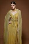 NIRRAAMYAA_Yellow Viscose, Georgette Rhinestones V-neck Lemon Embellished Gown Set _at_Aza_Fashions