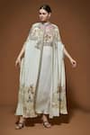 Buy_NIRRAAMYAA_Ivory Crepe Rhinestones, Embroidery V-neck Cape Gown Set _at_Aza_Fashions