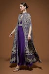NIRRAAMYAA_Purple Crepe Embroidery, Rhinestones V-neck Cape Gown Set _Online_at_Aza_Fashions