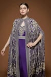 NIRRAAMYAA_Purple Crepe Embroidery, Rhinestones V-neck Cape Gown Set _at_Aza_Fashions