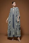 NIRRAAMYAA_Pink Bamboo, Crepe Rhinestones, Embroidery High Neck Cape Gown Set With Belt _Online_at_Aza_Fashions