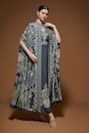 Buy_NIRRAAMYAA_Pink Bamboo, Crepe Rhinestones, Embroidery High Neck Cape Gown Set With Belt _Online_at_Aza_Fashions