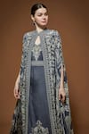 Shop_NIRRAAMYAA_Pink Bamboo, Crepe Rhinestones, Embroidery High Neck Cape Gown Set With Belt _Online_at_Aza_Fashions