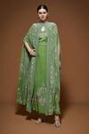 NIRRAAMYAA_Green Crepe Rhinestones Keyhole Neck Designer Cape And Gown Set _Online_at_Aza_Fashions