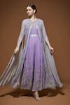 NIRRAAMYAA_Mauve Viscose, Georgette Rhinestones Round Neck Cape Gown Set With _Online_at_Aza_Fashions