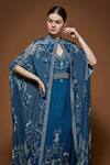 Shop_NIRRAAMYAA_Blue Crepe Rhinestones Keyhole Neck Designer Cape Gown Set _Online_at_Aza_Fashions