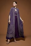 NIRRAAMYAA_Burgundy Crepe Rhinestones Keyhole Neck Dark Wine Cape Gown Set _Online_at_Aza_Fashions