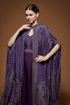 Shop_NIRRAAMYAA_Burgundy Crepe Rhinestones Keyhole Neck Dark Wine Cape Gown Set _Online_at_Aza_Fashions