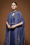 NIRRAAMYAA_Blue Crepe Rhinestones V-neck Embellished Cape Gown Set _Online_at_Aza_Fashions