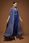 Shop_NIRRAAMYAA_Blue Crepe Rhinestones V-neck Embellished Cape Gown Set _Online_at_Aza_Fashions
