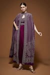 Buy_NIRRAAMYAA_Wine Crepe Rhinestones V-neck Cape Gown Set With _at_Aza_Fashions