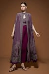 NIRRAAMYAA_Wine Crepe Rhinestones V-neck Cape Gown Set With _Online_at_Aza_Fashions