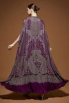 Shop_NIRRAAMYAA_Wine Crepe Rhinestones V-neck Cape Gown Set With _at_Aza_Fashions