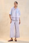 Buy_Vedika M_Gray Cotton, Linen Embroidery Collared, V-neck Underwater Co-ord Pant Set _at_Aza_Fashions