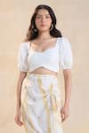 Vedika M_White Linen Waterdrop Drawstring Skirt Set _Online_at_Aza_Fashions