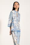 RANNA GILL_Sky Blue Viscose Embroidery Split V-neck Printed Miranda Top _Online_at_Aza_Fashions