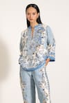 Buy_RANNA GILL_Sky Blue Viscose Embroidery Split V-neck Printed Miranda Top _Online_at_Aza_Fashions