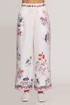 Shop_RANNA GILL_Ivory Linen, Viscose Embroidery Floral Alvia Culottes Pants _at_Aza_Fashions
