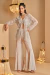 Buy_K&A By Karishma and Ashita_Silver Net, Crepe Beads, Embroidery V-neck Embellished Jacket And Pant Set _at_Aza_Fashions