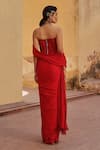 Shop_Label Moni K_Red Satin, Chiffon Sequins, Beads Off-shoulder Pre-draped Saree And Blouse Set _at_Aza_Fashions