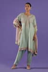 Buy_LABEL RADINI_Blue Chanderi Embroidery Split V-neck Pastel Kurta Set _at_Aza_Fashions