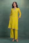 Buy_Kahani Lush_Green Chanderi Embroidery V-neck Neon Kurta Set _at_Aza_Fashions