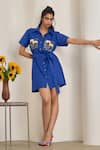 Buy_MAISOLOS_Blue Cotton, Linen Embroidery Collared Designer Short Dress _at_Aza_Fashions