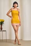 Buy_MAISOLOS_Mustard Cotton, Linen Embroidery Square Neck Short Dress _at_Aza_Fashions