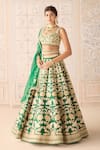 Buy_Shyam Narayan Prasad_Green Silk, Chiffon Embroidery, Zari Round Neck Dark Lehenga Set _at_Aza_Fashions