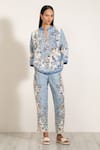 Buy_RANNA GILL_Sky Blue Viscose Embroidery Split V-neck Printed Miranda Top _at_Aza_Fashions