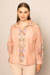 Buy_RANNA GILL_Peach Linen Embroidery Collared Orris Blouse _at_Aza_Fashions
