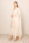 RANNA GILL_Beige Linen Embroidery V-neck Stripe Kurta Set _at_Aza_Fashions